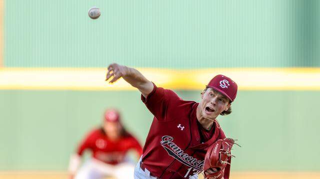 South Carolina pitcher Amp Phillips (13) pitches during the second game of South Carolina’s doubleheader against Northern Kentucky in Columbia on Friday, February 13, 2026.